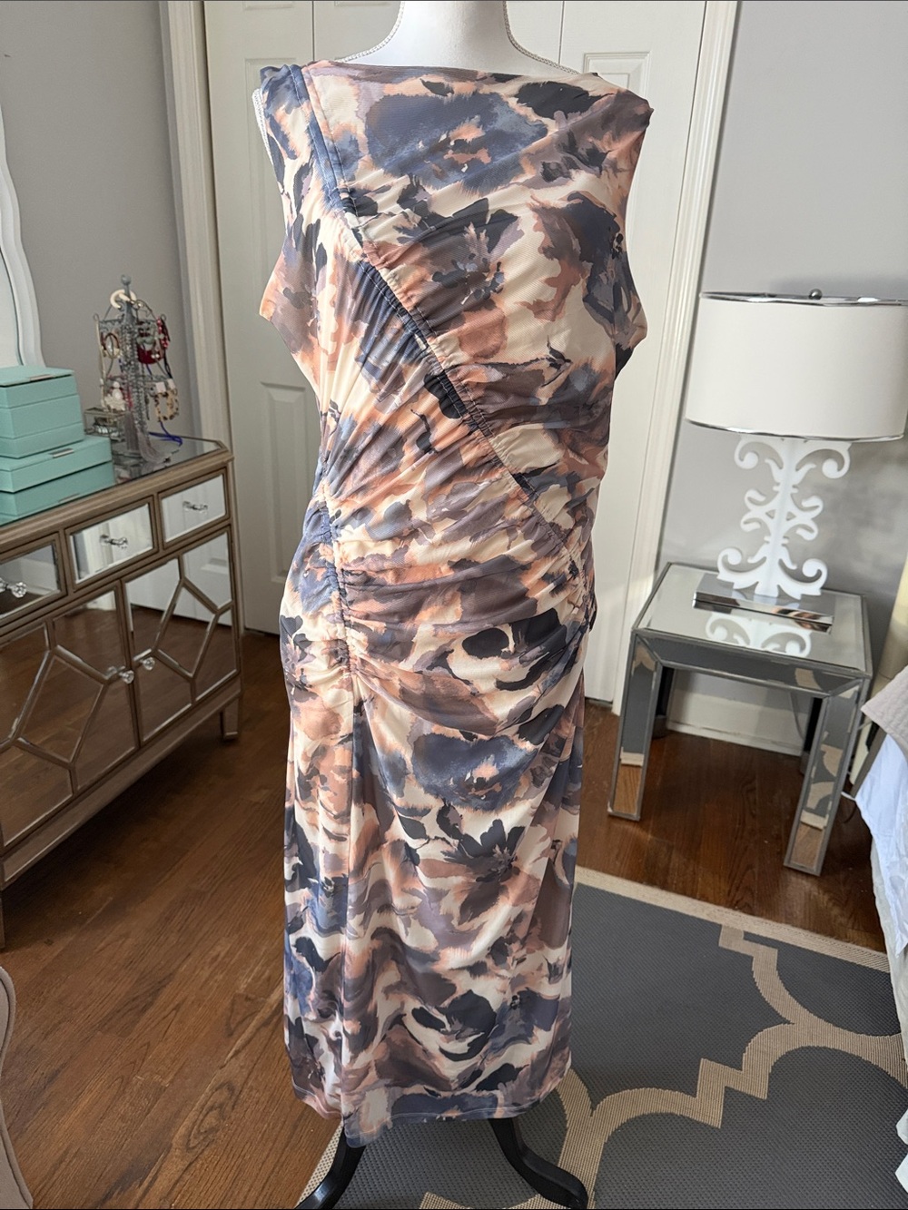 Nine West Fabulous Floral Ruched Sleeveless Midi Dress Cream, Blush & Slate L ❤️